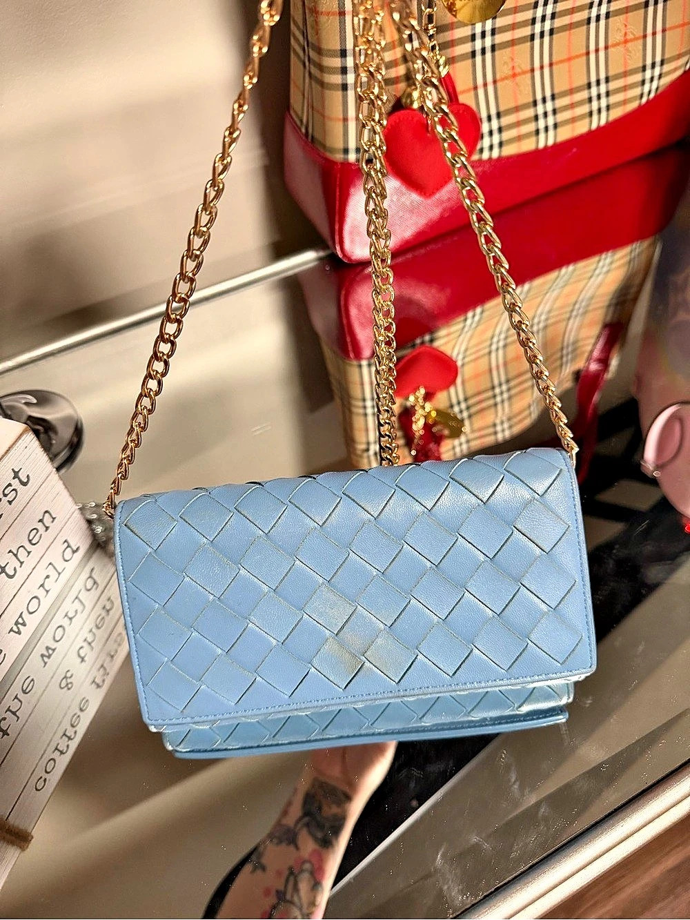 Bottega Veneta Blue Intrecciato Leather Wallet on Chain WOC Crossbody + COA